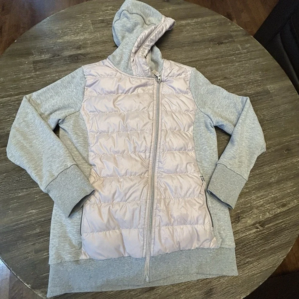 Athleta Girl Hybrid Down Puffer Hoodie Jacket Pink Gray Full Zip Girls XL 14